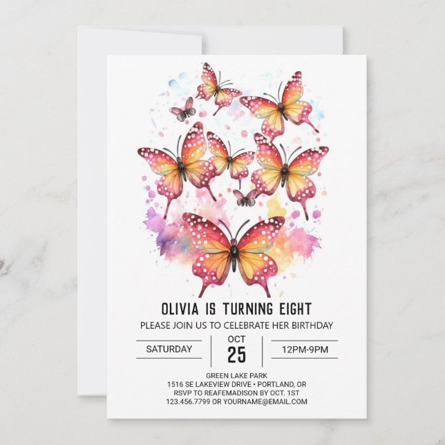 Invitación Chica de mariposa imprimible Girona Cumpleaños (Anverso)