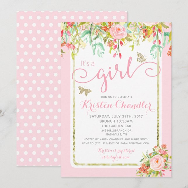 Invitación Chica de mariposa Jardín Floral Polkadot Baby Show (Anverso / Reverso)