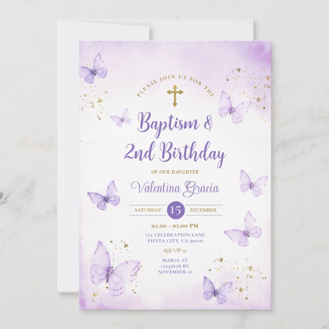 Invitación Chica de mariposa morada Cruz de Bautismo de Segun (Anverso)