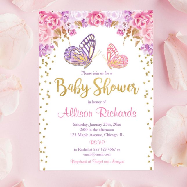Invitación Chica de mariposa morada de oro rosa (Subido por el creador)