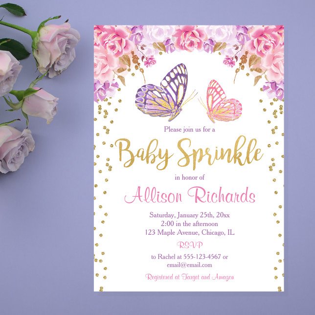 Invitación Chica de mariposa morada de oro rosa rociar a bebé (Subido por el creador)
