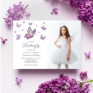 Invitación Chica de mariposa morada Foto de cumpleaños