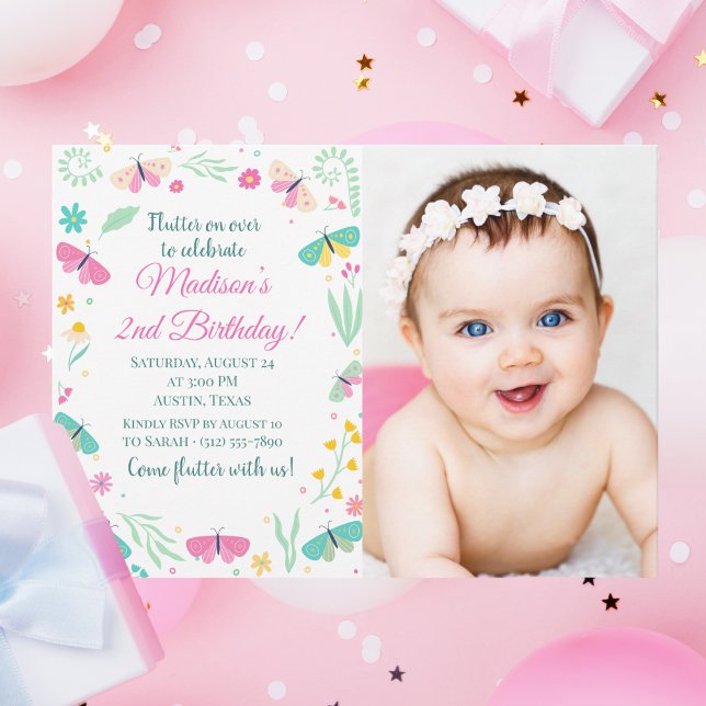 Invitación Chica de mariposa Pastel Blanco Foto Cumpleaños (Subido por el creador)