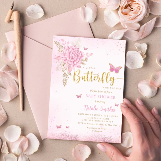 Invitación Chica de mariposa Purpurina de oro rosa Rubor Baby (Subido por el creador)