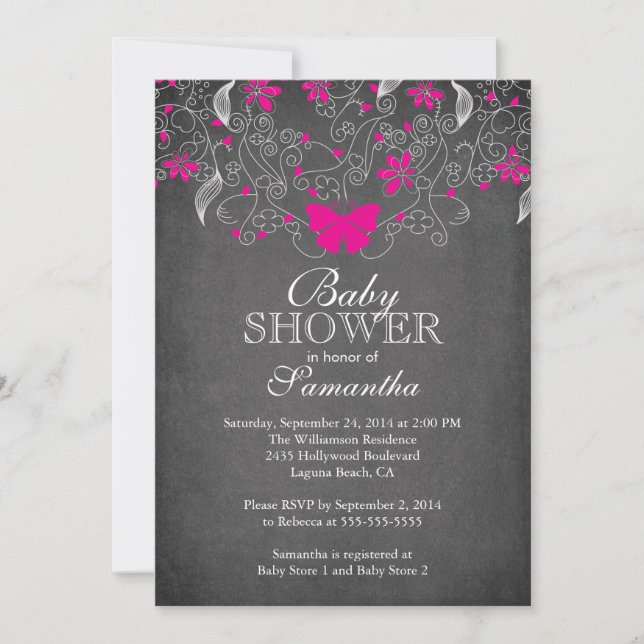 Invitación Chica de mariposa rosa caliente de pizarra Baby Sh (Anverso)