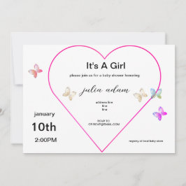 Invitación Chica de mariposa rosa del corazón con ducha de be