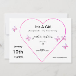 Invitación Chica de mariposa rosa del corazón con ducha de be