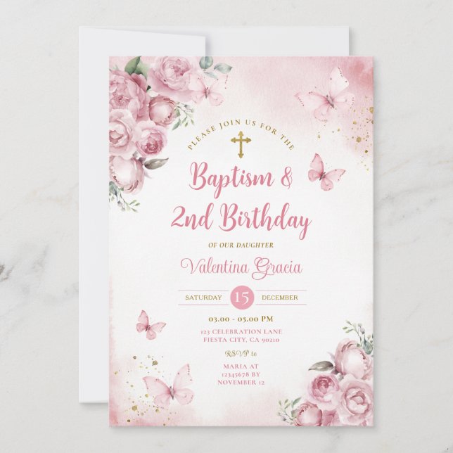 Invitación Chica de mariposa rosa Flores de bautismo de cumpl (Anverso)