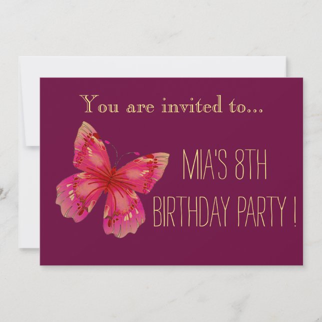 Invitación Chica de mariposa rosa o fiesta de cumpleaños (Anverso)