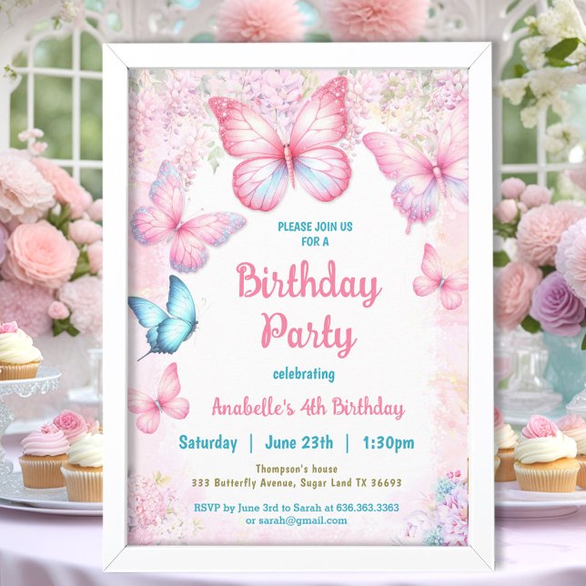 Invitación Chica de mariposa rosa pastel floral de verano  cu (Pink Pastel Floral Summer Butterfly Girl Birthday Invitation)