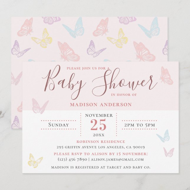 Invitación Chica de mariposa rosa pastel sensacional Baby Sho (Anverso / Reverso)