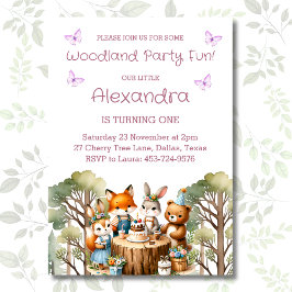 Invitación Chica de mariposa rosa Woodland Animales 1er cumpl