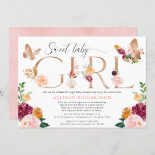 Invitación chica de mariposa rosa y rosa