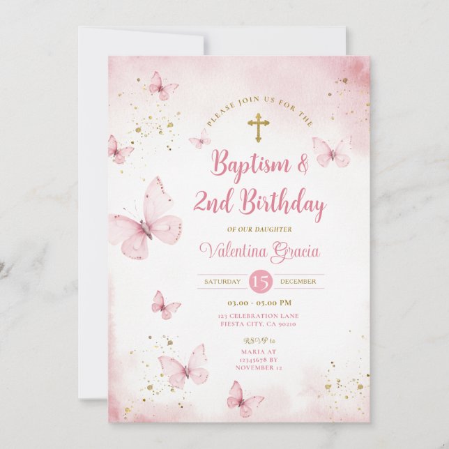 Invitación Chica de mariposa rosada Cruz de bautismo de segun (Anverso)