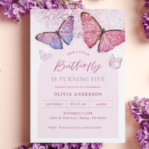 Invitación Chica de mariposa rosada púrpura 5ª fiesta de cump