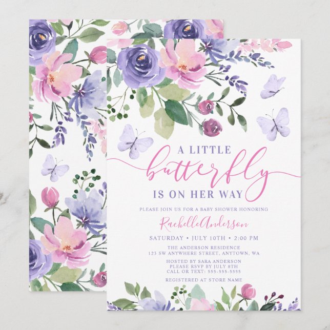 Invitación Chica de mariposa rosada púrpura bonito Baby Showe (Anverso / Reverso)