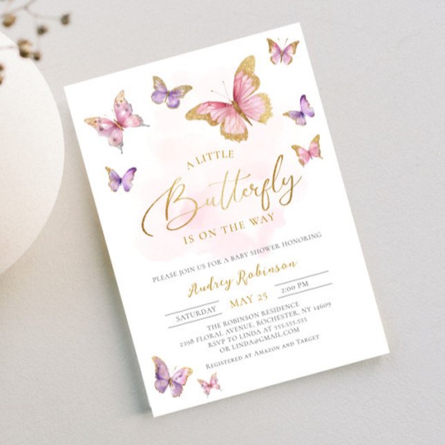 Invitación Chica de mariposa rosada púrpura dorada Baby Showe (Subido por el creador)