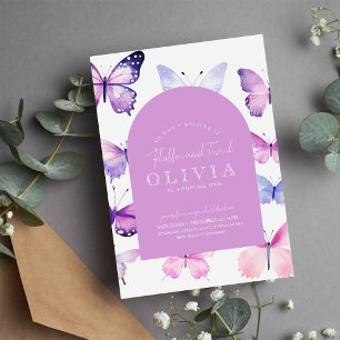 Invitación Chica de mariposa rosada púrpura primer Fiesta de 
