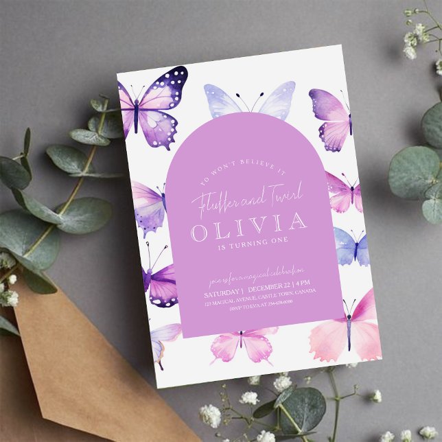 Invitación Chica de mariposa rosada púrpura primer Fiesta de  (Subido por el creador)