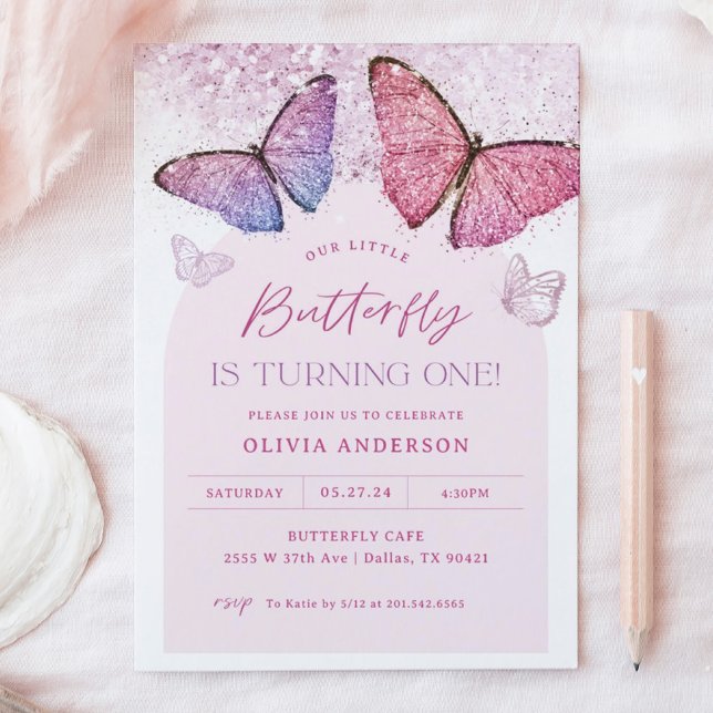 Invitación Chica de mariposa rosada púrpura primer Fiesta de  (Subido por el creador)