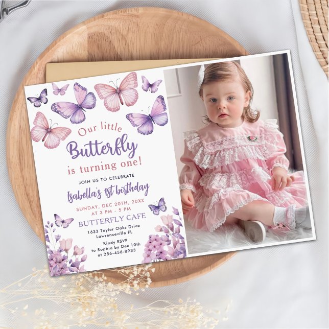 Invitación Chica de mariposa rosada púrpura primera foto de c (Subido por el creador)