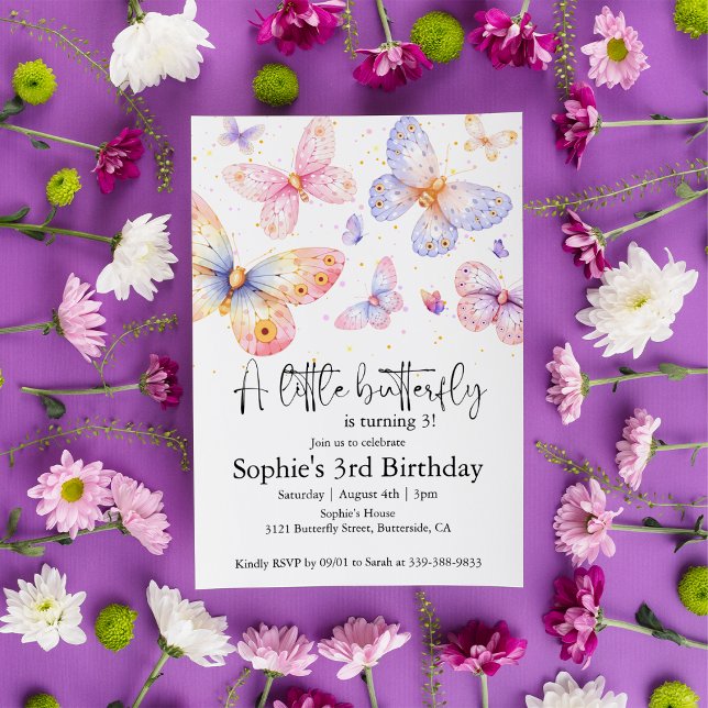 Invitación Chica de mariposa rosada púrpura toda la edad Cump (Subido por el creador)