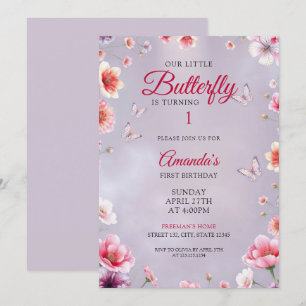Invitación Chica de mariposas florales suave morado