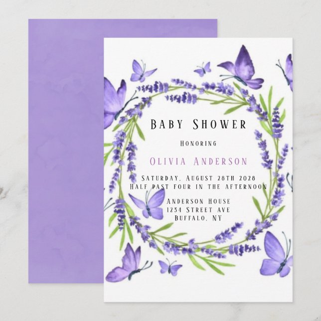 Invitación Chica de mariposas Lavender & Wisteria Baby Shower (Anverso / Reverso)