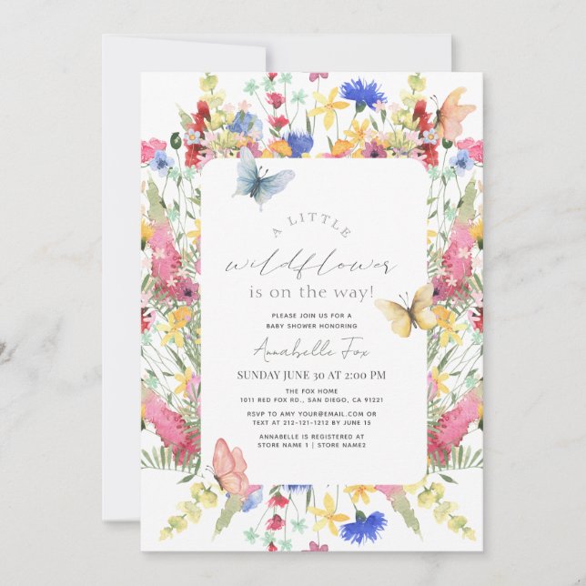 Invitación Chica de mariposas Little Wildflower Baby Shower (Anverso)