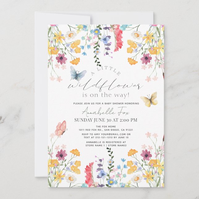 Invitación Chica de mariposas Little Wildflower Baby Shower (Anverso)