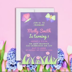 Invitación Chica de mariposas rosadas púrpuras primer cumplea