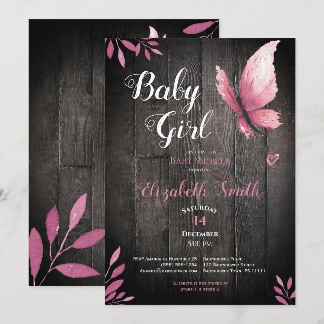 Invitación chica de mariposas rusas color rosa  (Anverso / Reverso)