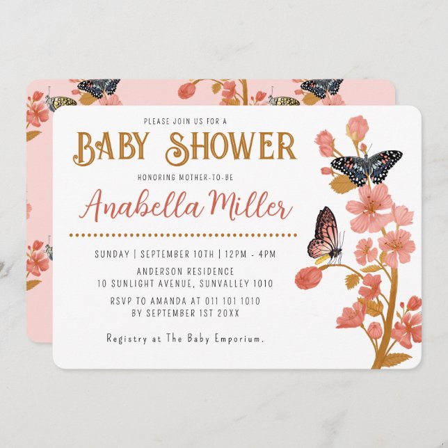 Invitación Chica de mariposas Whimsical Pink Boho Baby Shower (Anverso / Reverso)