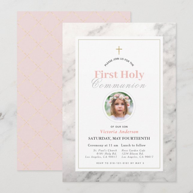 Invitación Chica de Mármol Blanco Foto Primera Comunión Sagra (Anverso / Reverso)