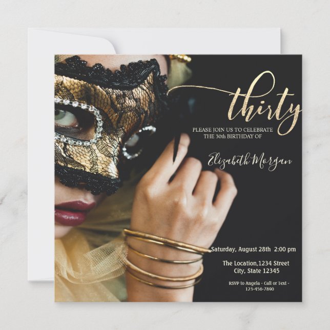 Invitación Chica de Mascarada Máscara Negra Cumpleaños 30  (Anverso)