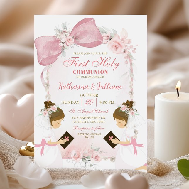 Invitación Chica de mellizos de flores rosadas primero comuni (Subido por el creador)