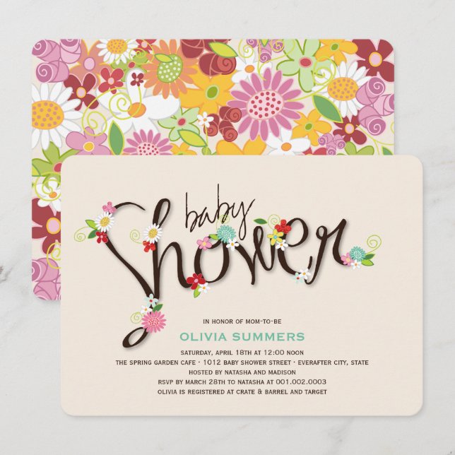 Invitación Chica de Moda de Flores de Primavera caprichosa Ba (Anverso / Reverso)