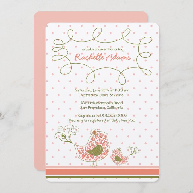 Invitación Chica de Moda de pájaro morado rosado Baby Shower (Anverso / Reverso)