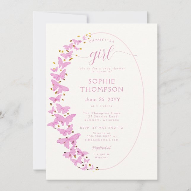 Invitación Chica de Moda dorada de marco de mariposas rosadas (Anverso)