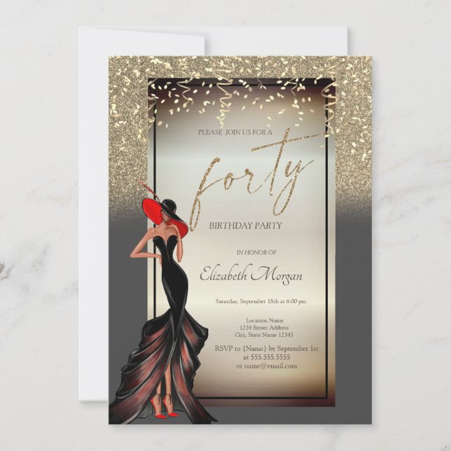 Invitación Chica de moda Purpurina Confetti 40.º Fiesta de cu (Anverso)