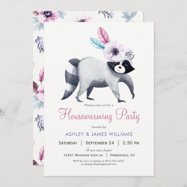 Invitación Chica de moda Raccoon Fiesta para el calentamiento (Anverso / Reverso)