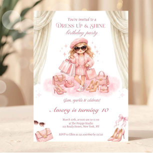 Invitación Chica de Moda Vestido Rosa Glam Maquillaje y Fiest