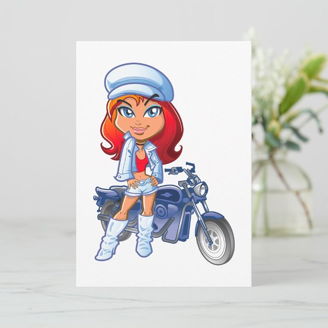 Invitación Chica de motociclismo elegante con pelo rojo y mot (Subido por el creador)