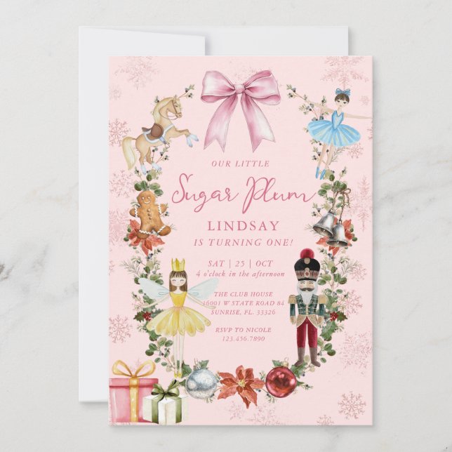 Invitación Chica de Navidades de Nutcracker Pink Bow (Anverso)