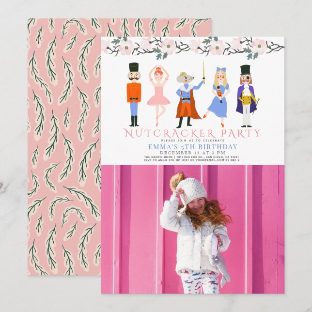 Invitación Chica de Navidades Rosados y Nutcracker foto de cu (Anverso / Reverso)
