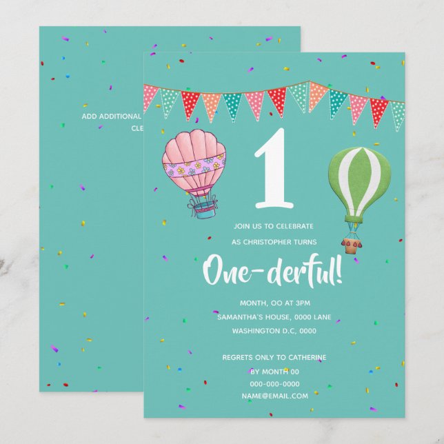 Invitación chica de niño de primer cumpleaños con globo aeros (Anverso / Reverso)