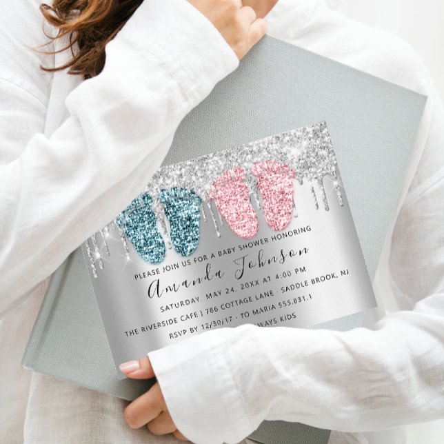 Invitación Chica de niño gemelo de pie gris de goteo de Baby  (Baby Shower Drips Silver Gray Feet Twins Boy Girl Invitation)