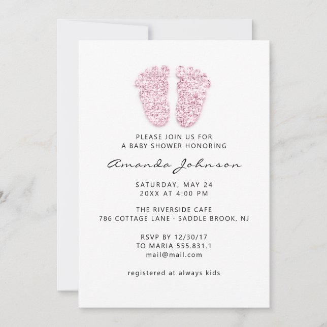 Invitación Chica de niño Purpurina de pies rosa ligero Baby S (Anverso)