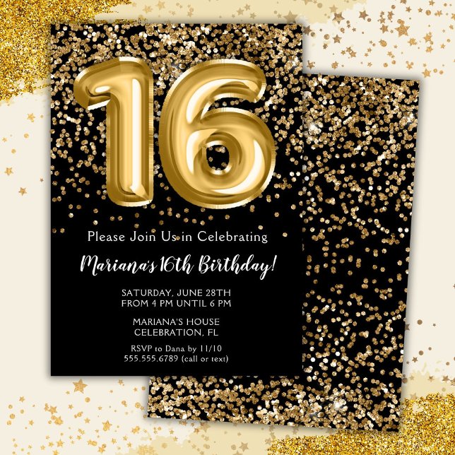 Invitación Chica de niños de oro negro 16ª fiesta de cumpleañ (Subido por el creador)