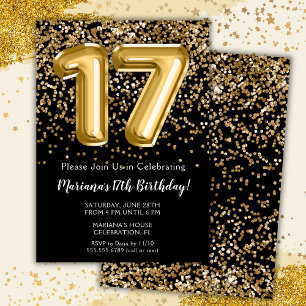 Invitación Chica de Niños de Oro Negro 17ª fiesta de cumpleañ